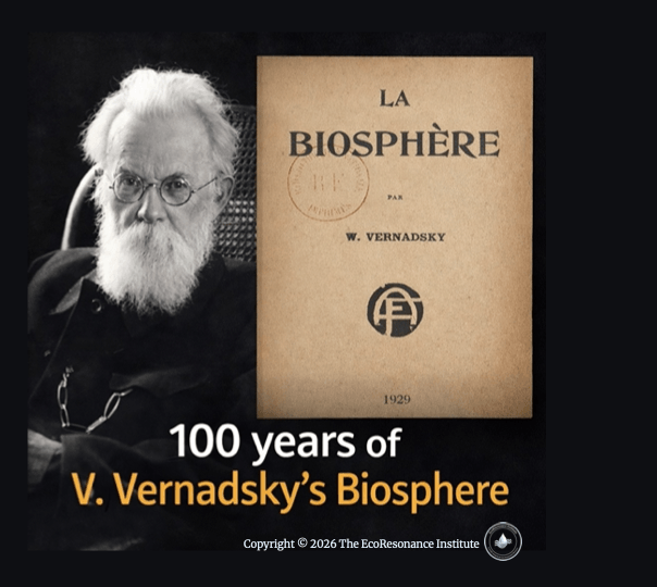 Retrato de V. Vernadsky junto a la portada de La Biosphère