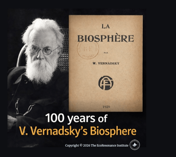 Retrato de V. Vernadsky junto a la portada de La Biosphère